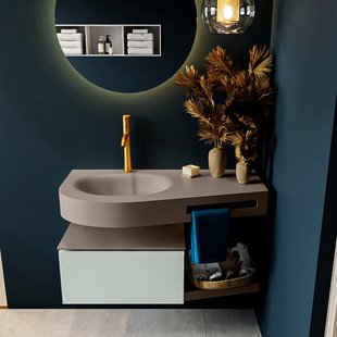 MONDIAZ RIVA 100cm badmeubel onderkast / planchet kleur Greey met 1 lade. Wastafel DULCET links 1 kraangat kleur Smoke.