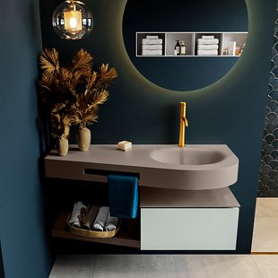 MONDIAZ RIVA 120cm badmeubel onderkast / planchet kleur Greey met 1 lade. Wastafel DULCET rechts 1 kraangat kleur Smoke.