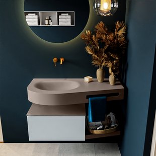 MONDIAZ RIVA 100cm badmeubel onderkast / planchet kleur Clay met 1 lade. Wastafel DULCET links 0 kraangaten kleur Smoke.