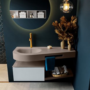 MONDIAZ RIVA 120cm badmeubel onderkast / planchet kleur Clay met 1 lade. Wastafel DULCET links 1 kraangat kleur Smoke.