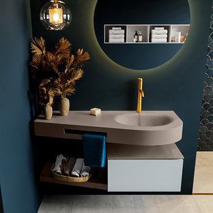 MONDIAZ RIVA 120cm badmeubel onderkast / planchet kleur Clay met 1 lade. Wastafel DULCET rechts 1 kraangat kleur Smoke.