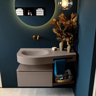 MONDIAZ RIVA 100cm badmeubel onderkast / planchet kleur Smoke met 1 lade. Wastafel DULCET links 0 kraangaten kleur Smoke.