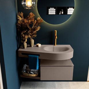 MONDIAZ RIVA 100cm badmeubel onderkast / planchet kleur Smoke met 1 lade. Wastafel DULCET rechts 1 kraangat kleur Smoke.