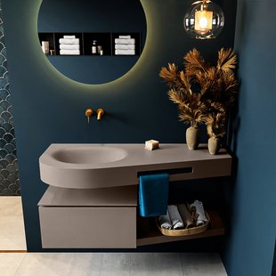 MONDIAZ RIVA 120cm badmeubel onderkast / planchet kleur Smoke met 1 lade. Wastafel DULCET links 0 kraangaten kleur Smoke.