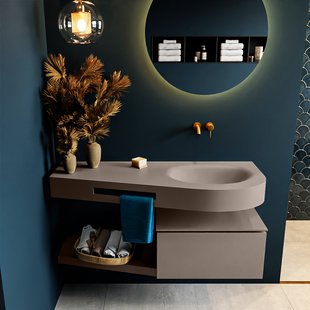 MONDIAZ RIVA 120cm badmeubel onderkast / planchet kleur Smoke met 1 lade. Wastafel DULCET rechts 0 kraangaten kleur Smoke.