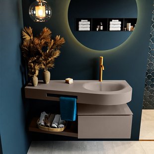 MONDIAZ RIVA 120cm badmeubel onderkast / planchet kleur Smoke met 1 lade. Wastafel DULCET rechts 1 kraangat kleur Smoke.