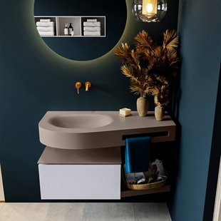 MONDIAZ RIVA 100cm badmeubel onderkast / planchet kleur Cale met 1 lade. Wastafel DULCET links 0 kraangaten kleur Smoke.