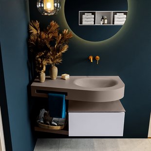 MONDIAZ RIVA 100cm badmeubel onderkast / planchet kleur Cale met 1 lade. Wastafel DULCET rechts 0 kraangaten kleur Smoke.