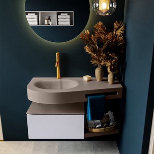 MONDIAZ RIVA 100cm badmeubel onderkast / planchet kleur Cale met 1 lade. Wastafel DULCET links 1 kraangat kleur Smoke.