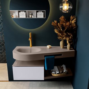 MONDIAZ RIVA 120cm badmeubel onderkast / planchet kleur Cale met 1 lade. Wastafel DULCET links 1 kraangat kleur Smoke.