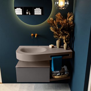 MONDIAZ RIVA 100cm badmeubel onderkast / planchet kleur Dark_Grey met 1 lade. Wastafel DULCET links 0 kraangaten kleur Smoke.