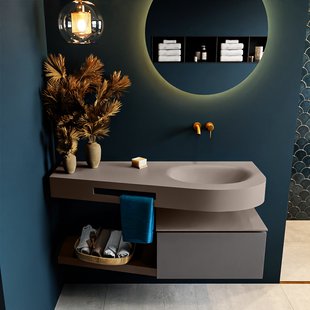 MONDIAZ RIVA 120cm badmeubel onderkast / planchet kleur Dark_Grey met 1 lade. Wastafel DULCET rechts 0 kraangaten kleur Smoke.