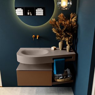 MONDIAZ RIVA 100cm badmeubel onderkast / planchet kleur Rust met 1 lade. Wastafel DULCET links 0 kraangaten kleur Smoke.