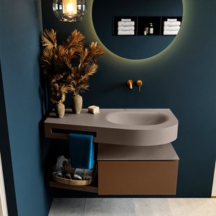 MONDIAZ RIVA 100cm badmeubel onderkast / planchet kleur Rust met 1 lade. Wastafel DULCET rechts 0 kraangaten kleur Smoke.