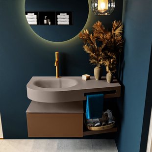 MONDIAZ RIVA 100cm badmeubel onderkast / planchet kleur Rust met 1 lade. Wastafel DULCET links 1 kraangat kleur Smoke.