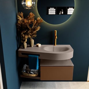 MONDIAZ RIVA 100cm badmeubel onderkast / planchet kleur Rust met 1 lade. Wastafel DULCET rechts 1 kraangat kleur Smoke.