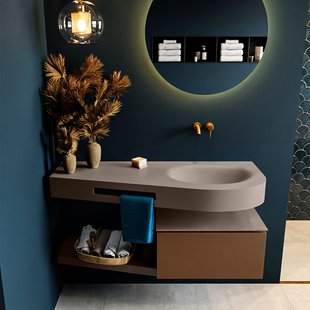 MONDIAZ RIVA 120cm badmeubel onderkast / planchet kleur Rust met 1 lade. Wastafel DULCET rechts 0 kraangaten kleur Smoke.