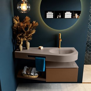 MONDIAZ RIVA 120cm badmeubel onderkast / planchet kleur Rust met 1 lade. Wastafel DULCET rechts 1 kraangat kleur Smoke.