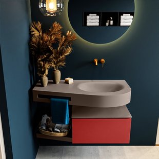 MONDIAZ RIVA 100cm badmeubel onderkast / planchet kleur Fire met 1 lade. Wastafel DULCET rechts 0 kraangaten kleur Smoke.