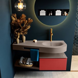 MONDIAZ RIVA 120cm badmeubel onderkast / planchet kleur Fire met 1 lade. Wastafel DULCET rechts 1 kraangat kleur Smoke.