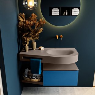 MONDIAZ RIVA 100cm badmeubel onderkast / planchet kleur Jeans met 1 lade. Wastafel DULCET rechts 0 kraangaten kleur Smoke.