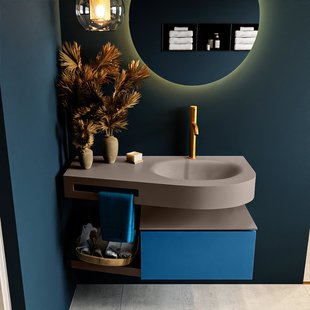 MONDIAZ RIVA 100cm badmeubel onderkast / planchet kleur Jeans met 1 lade. Wastafel DULCET rechts 1 kraangat kleur Smoke.