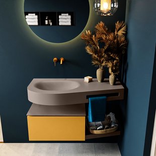 MONDIAZ RIVA 100cm badmeubel onderkast / planchet kleur Ocher met 1 lade. Wastafel DULCET links 0 kraangaten kleur Smoke.
