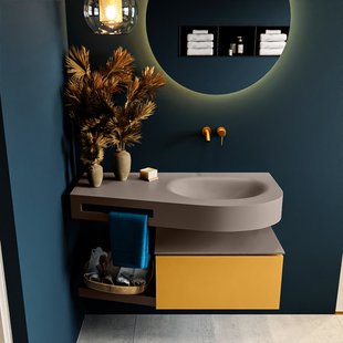 MONDIAZ RIVA 100cm badmeubel onderkast / planchet kleur Ocher met 1 lade. Wastafel DULCET rechts 0 kraangaten kleur Smoke.