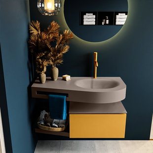 MONDIAZ RIVA 100cm badmeubel onderkast / planchet kleur Ocher met 1 lade. Wastafel DULCET rechts 1 kraangat kleur Smoke.