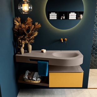 MONDIAZ RIVA 120cm badmeubel onderkast / planchet kleur Ocher met 1 lade. Wastafel DULCET rechts 0 kraangaten kleur Smoke.