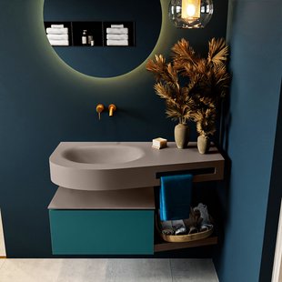 MONDIAZ RIVA 100cm badmeubel onderkast / planchet kleur Smag met 1 lade. Wastafel DULCET links 0 kraangaten kleur Smoke.