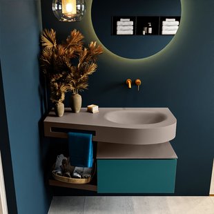 MONDIAZ RIVA 100cm badmeubel onderkast / planchet kleur Smag met 1 lade. Wastafel DULCET rechts 0 kraangaten kleur Smoke.