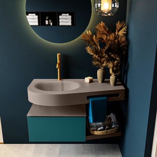 MONDIAZ RIVA 100cm badmeubel onderkast / planchet kleur Smag met 1 lade. Wastafel DULCET links 1 kraangat kleur Smoke.