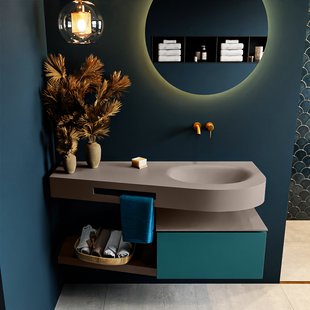 MONDIAZ RIVA 120cm badmeubel onderkast / planchet kleur Smag met 1 lade. Wastafel DULCET rechts 0 kraangaten kleur Smoke.