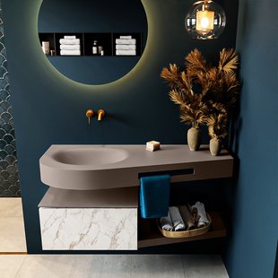MONDIAZ RIVA 120cm badmeubel onderkast / planchet kleur carrara met 1 lade. Wastafel DULCET links 0 kraangaten kleur Smoke.