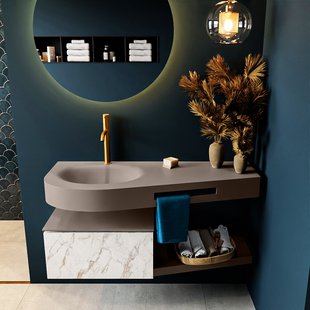 MONDIAZ RIVA 120cm badmeubel onderkast / planchet kleur carrara met 1 lade. Wastafel DULCET links 1 kraangat kleur Smoke.