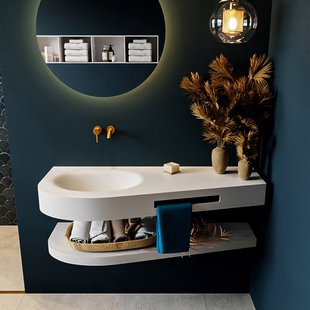 MONDIAZ RIVA 120cm Wastafel met planchet kleur Talc. Wastafel DULCET links 0 kraangaten kleur Talc.
