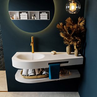 MONDIAZ RIVA 120cm Wastafel met planchet kleur Talc. Wastafel DULCET links 1 kraangaten kleur Talc.