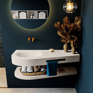 MONDIAZ RIVA 120cm Wastafel met planchet kleur Linen. Wastafel DULCET links 0 kraangaten kleur Linen.