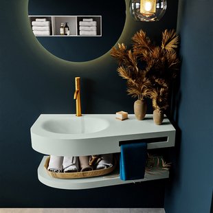 MONDIAZ RIVA 100cm Wastafel met planchet kleur Greey. Wastafel DULCET links 1 kraangaten kleur Greey.