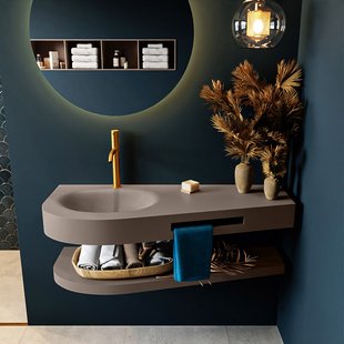 MONDIAZ RIVA 120cm Wastafel met planchet kleur Smoke. Wastafel DULCET links 1 kraangaten kleur Smoke.