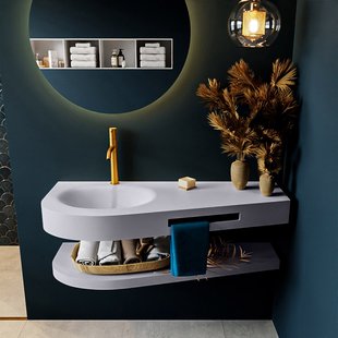 MONDIAZ RIVA 120cm Wastafel met planchet kleur Cale. Wastafel DULCET links 1 kraangaten kleur Cale.