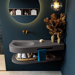 MONDIAZ RIVA 120cm Wastafel met planchet kleur Dark_Grey. Wastafel DULCET links 0 kraangaten kleur Dark_Grey.