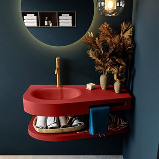 MONDIAZ RIVA 100cm Wastafel met planchet kleur Fire. Wastafel DULCET links 1 kraangaten kleur Fire.