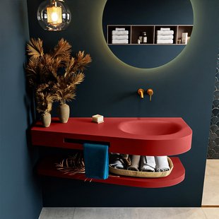 MONDIAZ RIVA 120cm Wastafel met planchet kleur Fire. Wastafel DULCET rechts 0 kraangaten kleur Fire.