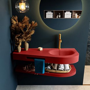 MONDIAZ RIVA 120cm Wastafel met planchet kleur Fire. Wastafel DULCET rechts 1 kraangaten kleur Fire.