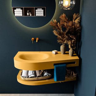 MONDIAZ RIVA 100cm Wastafel met planchet kleur Ocher. Wastafel DULCET links 0 kraangaten kleur Ocher.