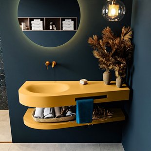 MONDIAZ RIVA 120cm Wastafel met planchet kleur Ocher. Wastafel DULCET links 0 kraangaten kleur Ocher.