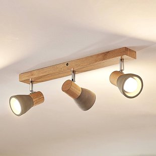 Lindby Filiz spot, 3-lamps, 47 cm lang, hout, beton, E14