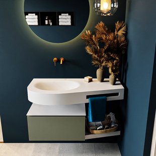 MONDIAZ RIVA 100cm badmeubel onderkast / planchet kleur Army met 1 lade. Wastafel DULCET links 0 kraangaten kleur Talc.